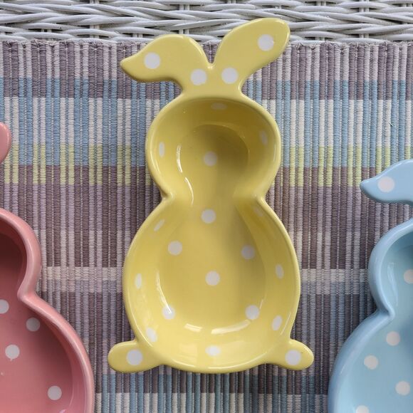 Ceramic Pastel Polka Dot Bunny Shaped Trinket Dishes Set Of Three Easter Spring - Picture 4 of 9